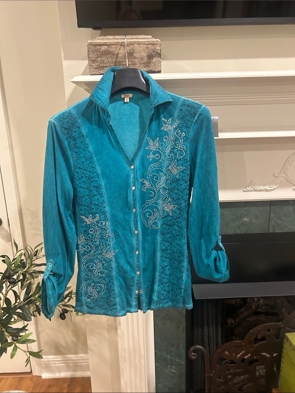 Reba Teal Cotton Button-Down Shirt with Rhinestone Embellishment